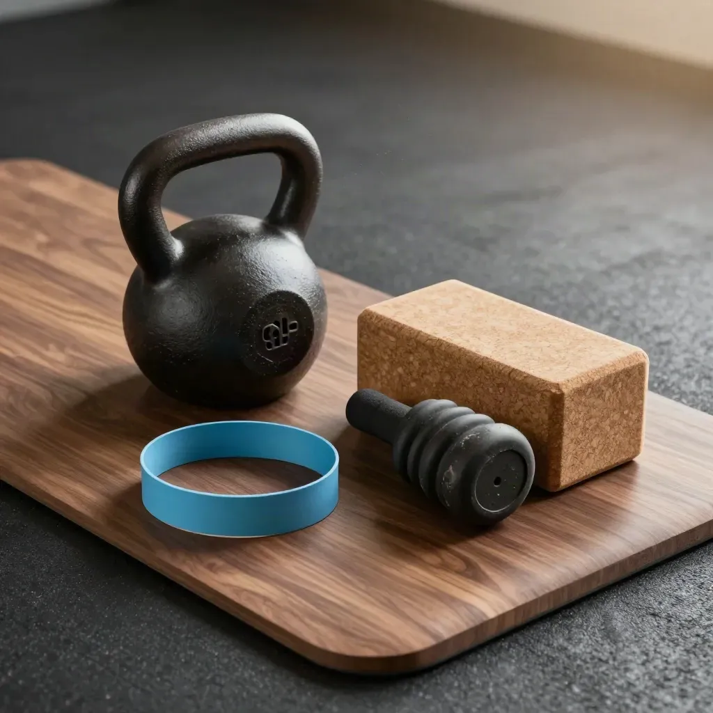 Dramatik ışıkta kettlebell, direnç bandı, yoga bloğu ve foam roller.